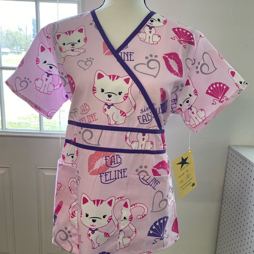 Women Scrub shirt pink kitty cat